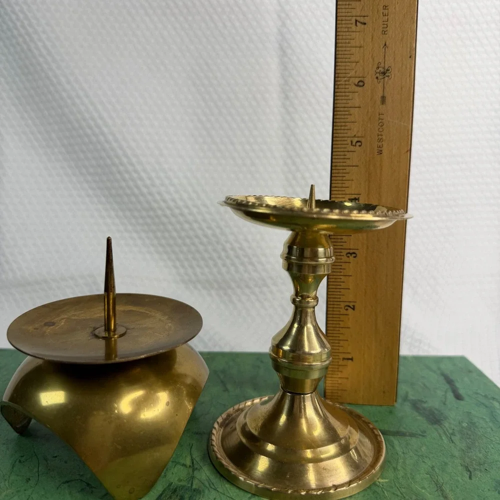 Vintage Solid Brass Pricket Candle Holder Set 2 Japan Gold MCM Pedestal Tripod